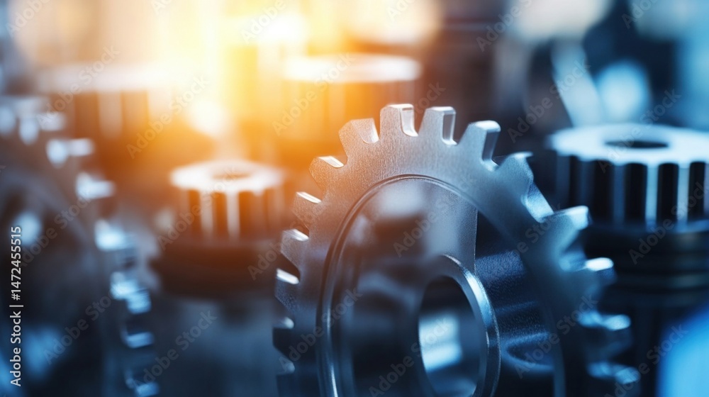 Aufkleber Close-up view of intricate metal gears, showcasing precision engineering and industrial machinery components.  The image highlights the detailed texture and complex intermeshing of the : Generative AI