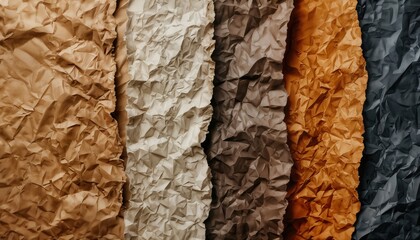 a close-up texture of crumpled paper in varying shades of brown, tan, and dark gray creates an abstract and tactile background.