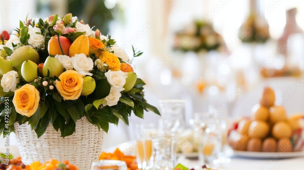 Poster elegant fruit and rose centerpiece in a wicker basket, adorning a wedding reception table setting wi