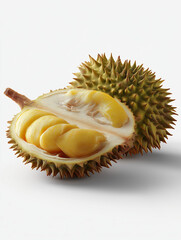 Obraz premium Half Opened Durian Fruit with Yellow Flesh on White Background – AI Generated