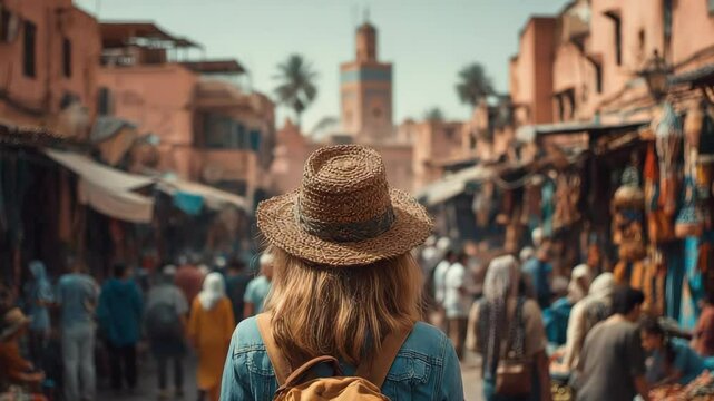 Tourist walking through a vibrant marketplace in marrakech, morocco