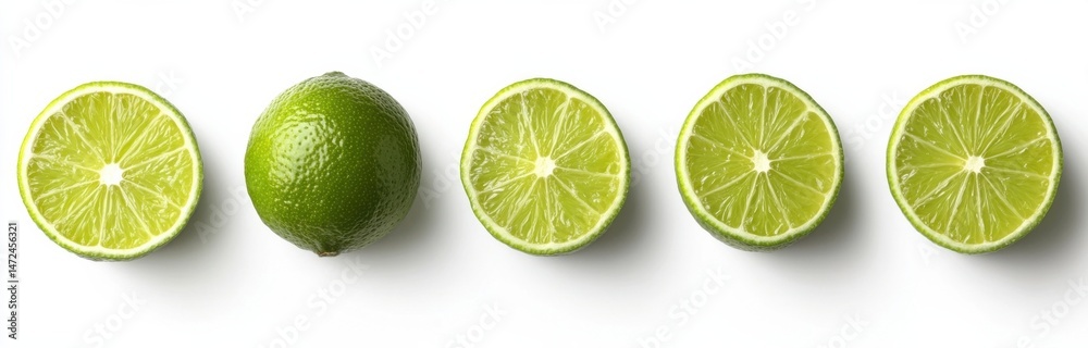 Aufkleber Five vibrant limes, one whole and four halved, arranged in a row against a stark white background.  A refreshing image perfect for culinary or health-related projects. : Generative AI