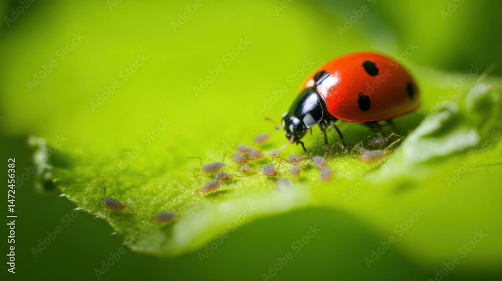 Poster a ladybug meticulously consumes aphids on a vibrant green leaf, showcasing a detailed close-up of it