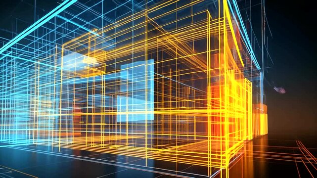 Luminous digital architectural rendering of a building, highlighted with vibrant blue and orange outlines against a dark backdrop