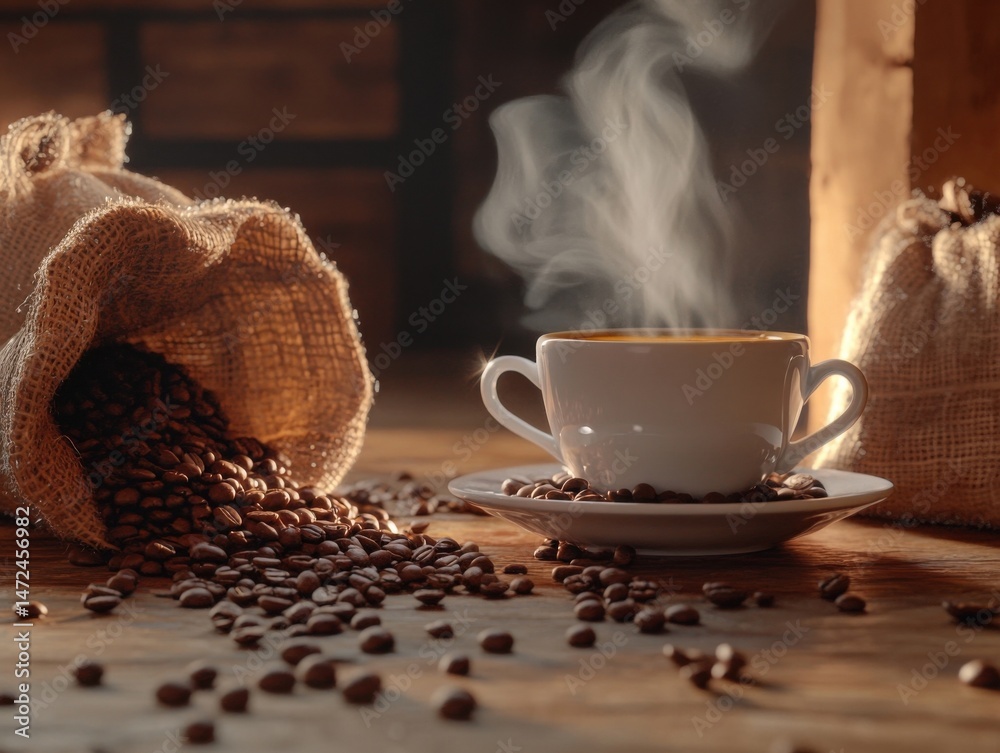 Poster a steaming cup of coffee sits on a wooden table, surrounded by spilled coffee beans from a burlap sa