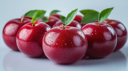 Fresh, vibrant red plums with green leaves.  Close-up view