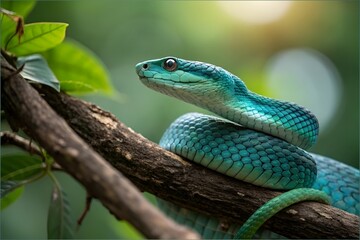 Obraz premium Blue-Green Snake Macro Photography on Branch with Natural Light and Bokeh