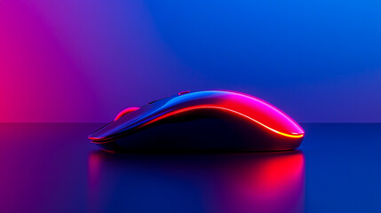 A black wireless mouse with a red light, lying on the table, has a high-end minimalist style with thin edges and a glass-like texture. The overall color scheme of a blue-purple gradient background