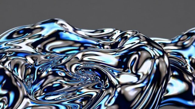 Shiny, iridescent liquid metal flows and morphs on a gray background, creating abstract patterns
