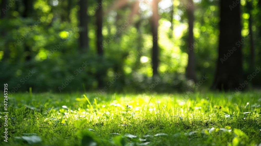 Poster sunlight filters through a lush green forest, illuminating vibrant grass in the foreground, creating