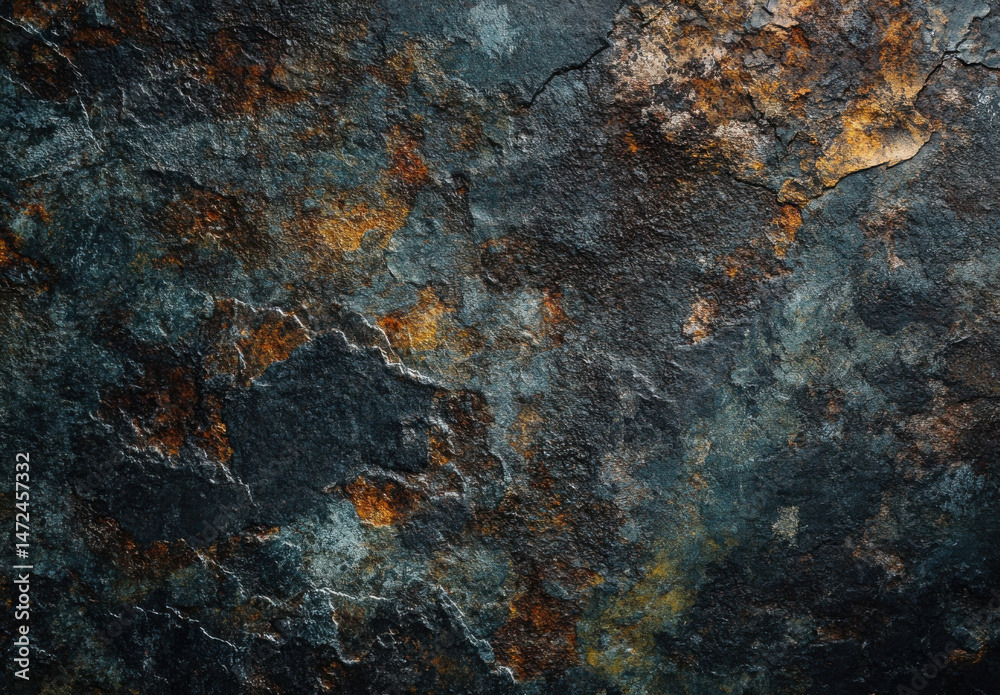 Poster dark, textured stone surface with rusty orange and teal accents, ideal for backgrounds or design pro