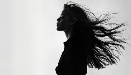 Fototapeta premium a dramatic silhouette of a woman with flowing hair against a neutral background evokes a sense of freedom and introspection.