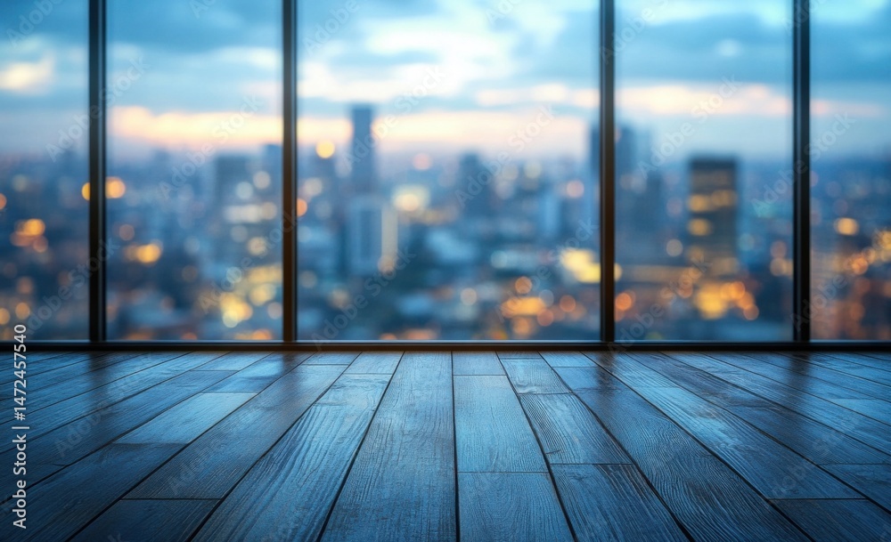 Aufkleber dark wood floor with blurred city skyline view at dusk through large window panes. : generative ai