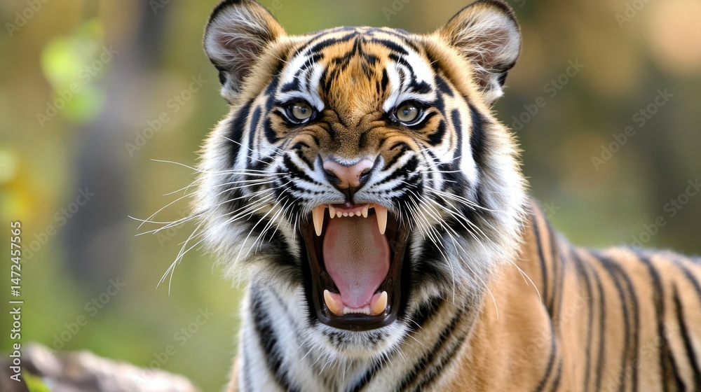 Poster close-up portrait of a sumatran tiger with its mouth open, revealing sharp teeth; intense gaze and w