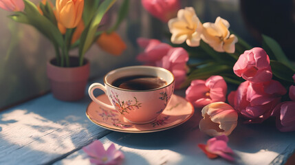 Spring-themed setting featuring a cup of coffee and a bouquet of tulips, creating a warm and refreshing floral atmosphere