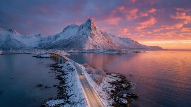 Snowy fredvang bridges at sunset in lofoten islands, norway