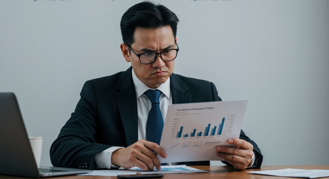 Asian businessman with frustrated expression analyzing financial report with negative results at office desk. Market data disappointment for business problem solving and financial crisis management