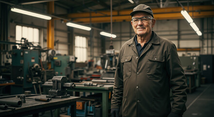 Smiling senior man in dark work jacket and cap standing in industrial machine shop with equipment background. Experienced tradesperson for manufacturing industry and skilled workforce representation