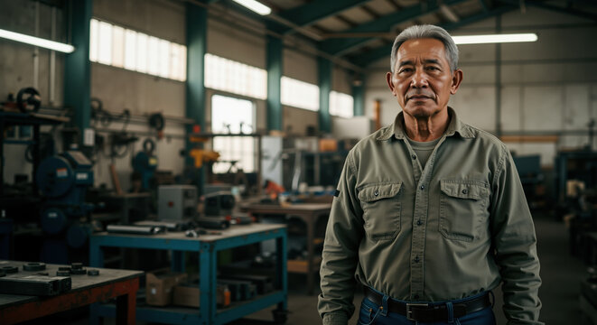 Senior Asian man in green work shirt standing in industrial workshop with machinery and workbenches. Experienced technician for manufacturing industry and skilled workforce representation