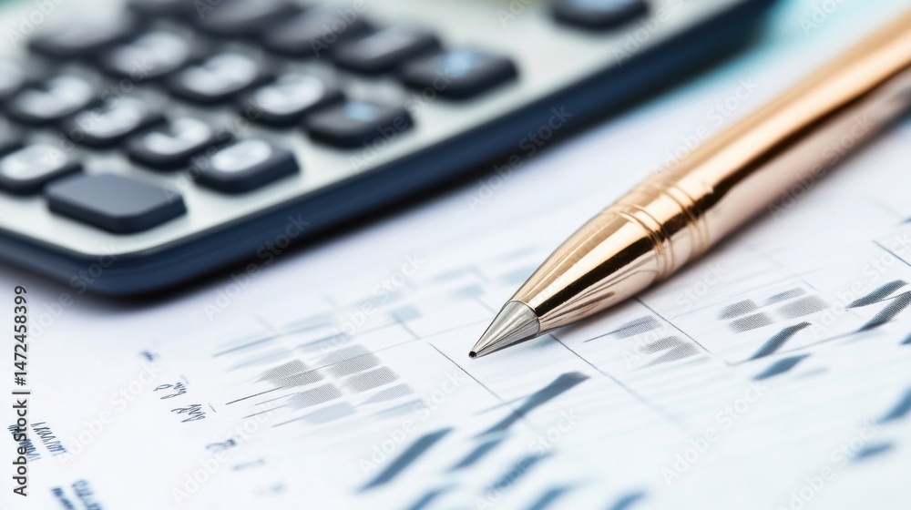 Poster close-up of a rose gold pen resting on a financial document, with a calculator subtly blurred in the