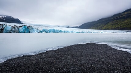 Icelandic glacier lagoon with black sand beach and dramatic mountains under a cloudy sky.  A stunning natural landscape of ice, water, and volcanic rock. : Generative AI