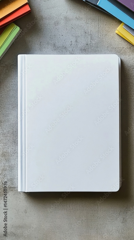 Poster blank white notebook on gray textured surface, surrounded by colorful stationery; ideal for mockup o