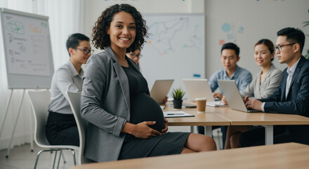 Smiling pregnant African American businesswoman in gray suit with diverse team in modern conference room. Workplace inclusivity for maternity support and family-friendly corporate environments
