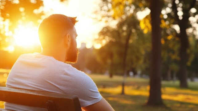 A bearded man sits on a park bench, watching the sunset. Golden hour light illuminates his back and the surrounding trees. : Generative AI