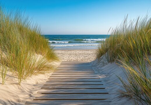 Wooden boardwalk path leads to a tranquil beach scene with gentle waves under a clear blue sky, offering a serene coastal escape. : Generative AI - Powered by Adobe