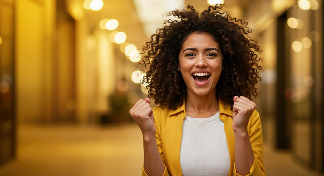 Excited African American woman with curly hair celebrating success with fists raised in yellow blazer against blurred corridor. Victory moment for career achievement and business goal accomplishment