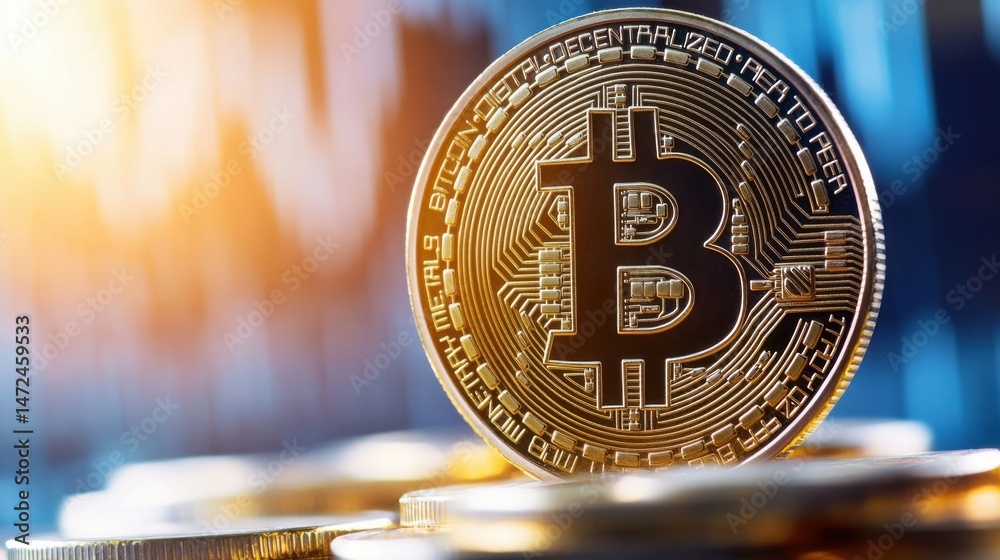Aufkleber Close-up of a gold bitcoin cryptocurrency coin resting on a stack of similar coins, with a blurred blue and orange background suggesting financial market data. : Generative AI