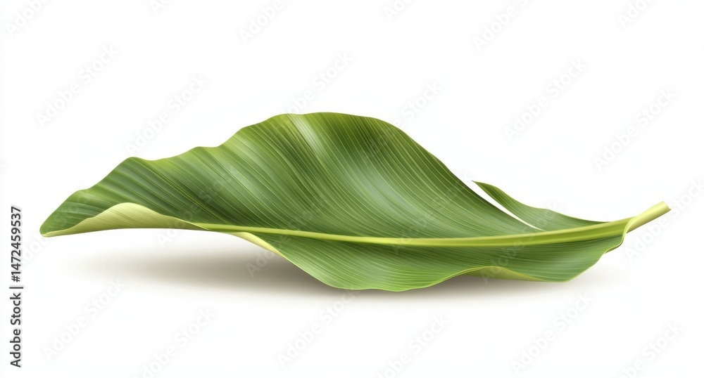 Poster single, vibrant green tropical leaf isolated on white, showcasing intricate vein patterns and a slig