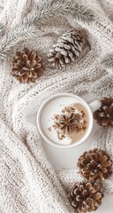 Obraz premium Cozy winter drink. A warm cup of coffee or tea, with a frothy top and a sprinkle of spices, nestled on a soft, knitted blanket, surrounded by pine cones and sprigs