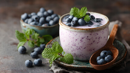 Creamy Blueberry Kefir Drink Topped with Berries and Mint on Rustic Table (AI Image)