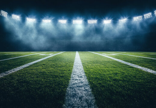 Night game at a football stadium, showing the field with yard lines and bright stadium lights illuminating the scene.  A sense of anticipation and excitement fills the air. : Generative AI