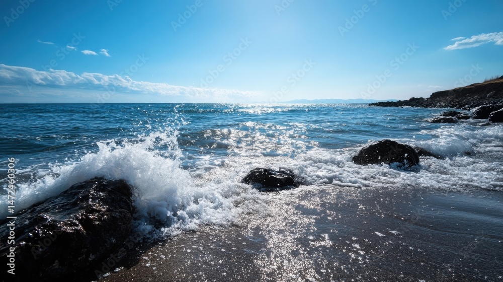 Poster ocean waves crashing against dark rocks on a sunny beach, creating a vibrant, sparkling scene under 