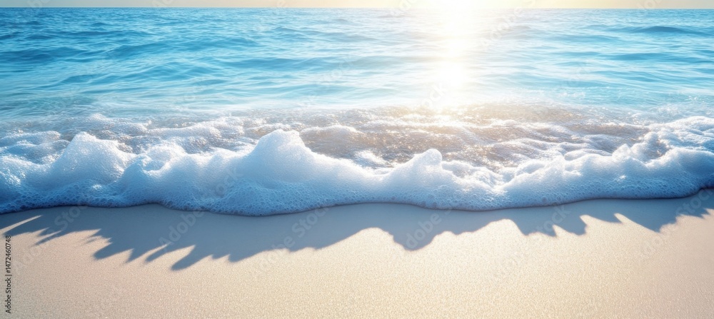 Poster Ocean wave gently lapping on a pristine sandy beach at sunset, creating soft shadows and a tranquil atmosphere. : Generative AI