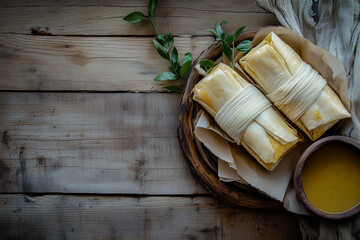 Two Savory Wrapped Dishes with Yellow Sauce on Rustic Wooden Table