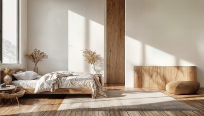 a sun-drenched minimalist bedroom features a low platform bed with neutral linens, warm wood flooring, and striking angular light and shadow play across the walls.