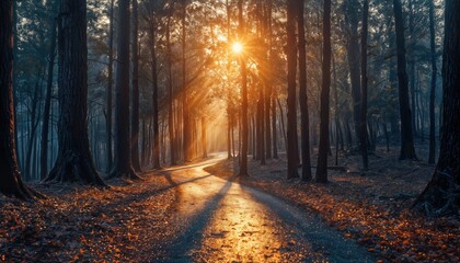 Fototapeta premium a winding path through a dense autumn forest is illuminated by a radiant sunburst filtering through the tall trees.