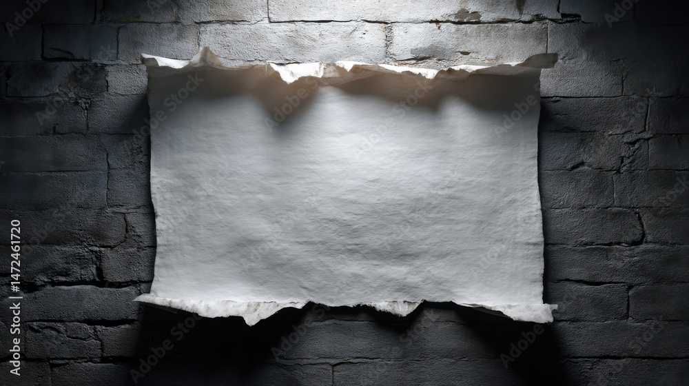 Poster aged parchment paper with torn edges affixed to a dark, textured brick wall, illuminated by a single