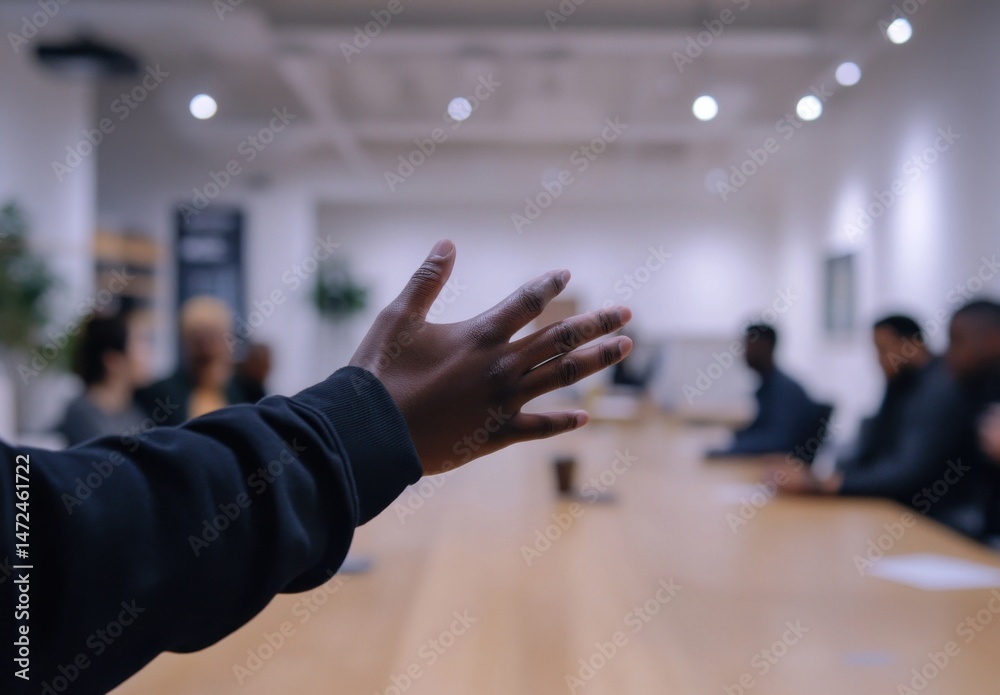 Poster a dark-skinned person's hand gestures towards a blurred meeting, suggesting presentation or interact
