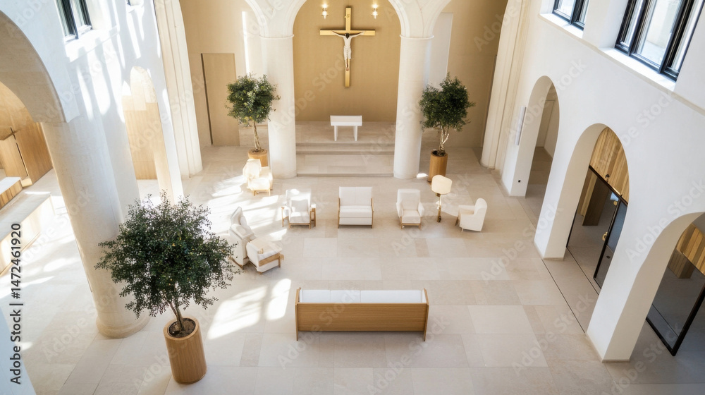 Poster serene chapel interior with modern seating and olive trees, bathed in sunlight streaming through hig