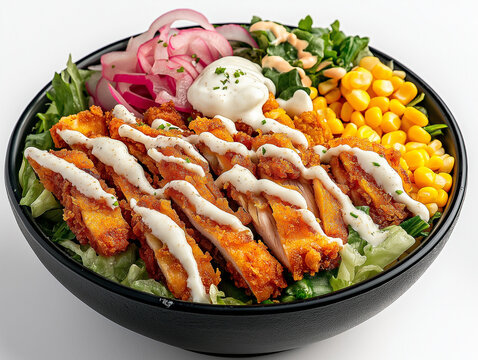 
salad bed, sweet corn, ranch dip, picked onions and katsu chicken on top, in a black bowl, shot from 45 degree angle shot, white background, stock image style, product photography
