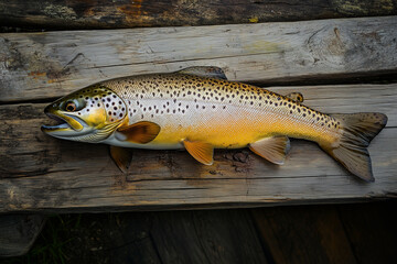 Obraz premium Beautiful Brown Trout Close-Up on Rustic Wooden Surface by Riverbank – Nature and Fishing Scene