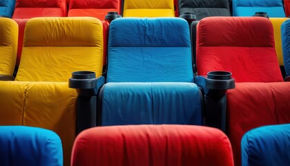 Obraz premium a vibrant row of empty movie theater seats in shades of blue, yellow, and red await an audience.