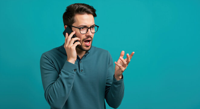Shocked man with glasses talking on mobile phone with expressive hand gesture against turquoise background. Crisis communication for emergency problem solving and urgent customer complaints