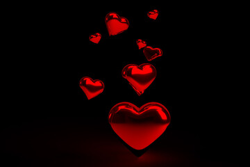 Red hearts falling on black background representing love and romance