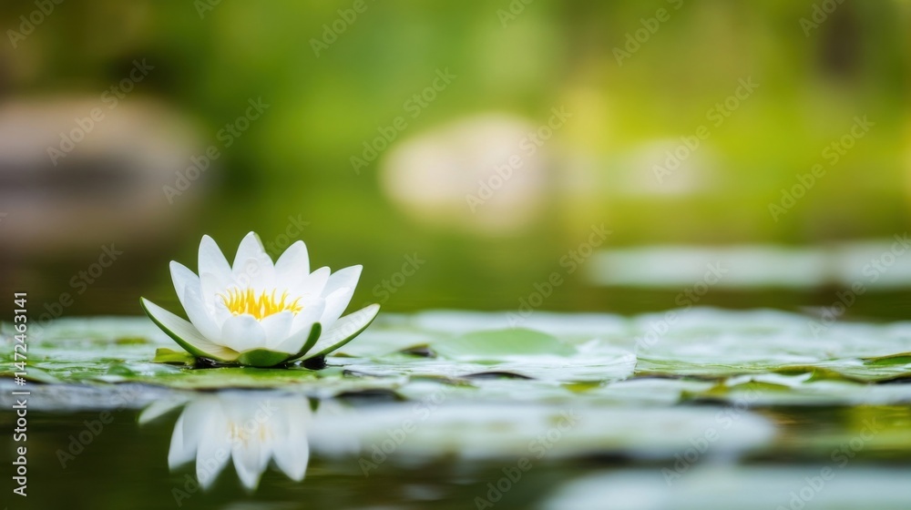 Poster a single white water lily floats serenely on a calm pond, its reflection mirrored perfectly in the s