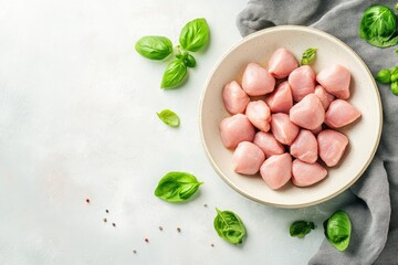 Fresh pink chicken pieces in a bowl, garnished with basil